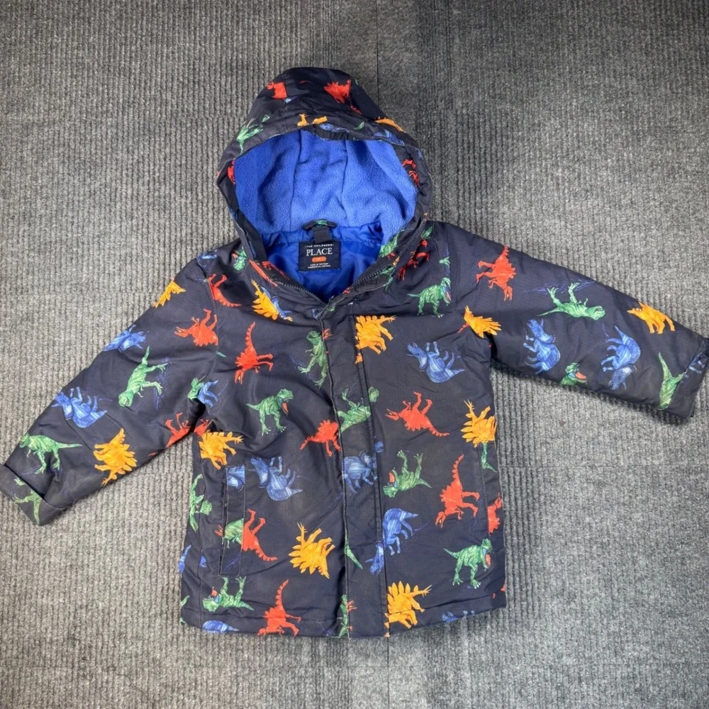 The Childrens Place Boys 5T Dinosaur Puffer Jacket Navy Blue Hooded Coat
